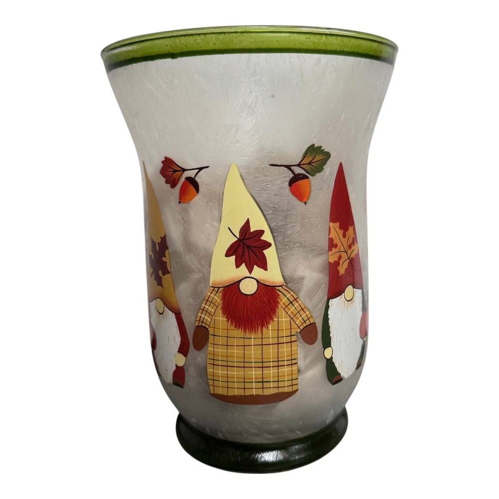 Fall Gnome Frosted Glass Candle Holder 7.75" Autumn Decor Acorn Leaf Plaid Art